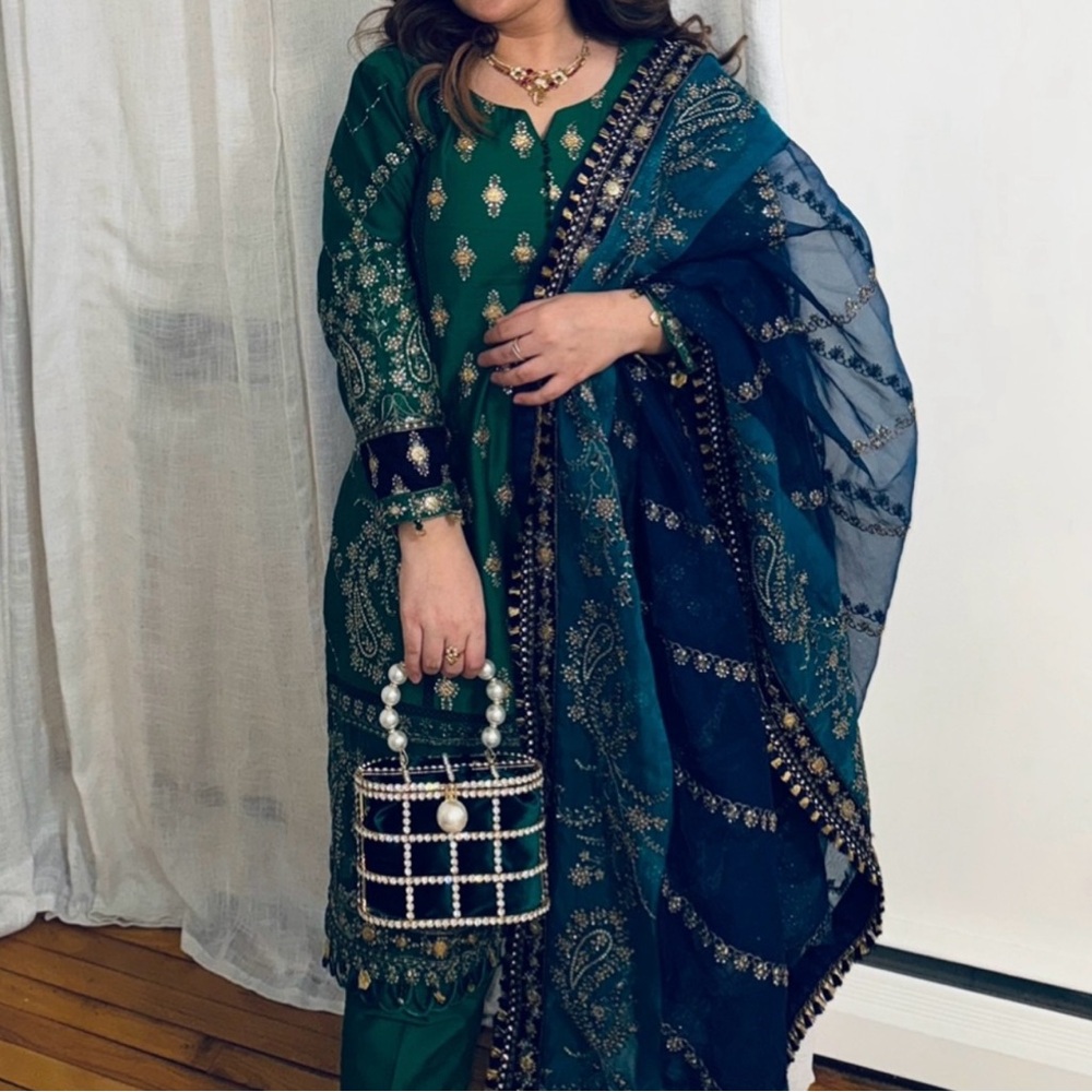Maria B Outfit Elegant Green and Blue Pakistani Embroidered